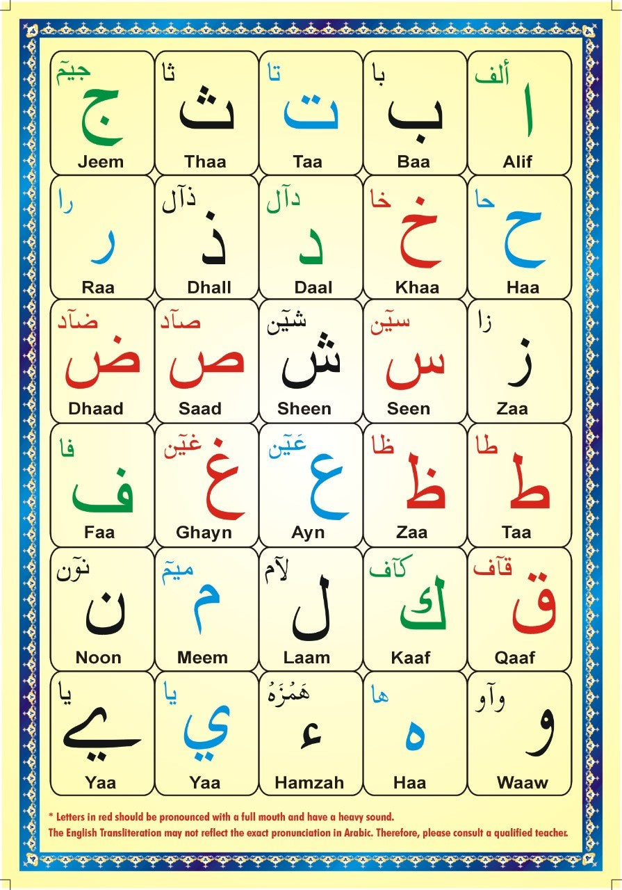 ALIF BA Laminated Arabic Alphabet Qaidah Card