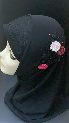 Children Muslim Small Girl Hijab With Lace Islamic Scarf Shawls Stretch Turban - Black,Pink, Beige, Dark Red and White