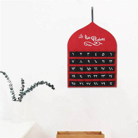 Eid Ramadan Mubarak Felt Hanging Countdown Muslim 2022 Kids Gift-Red Dome with Arabic Counting