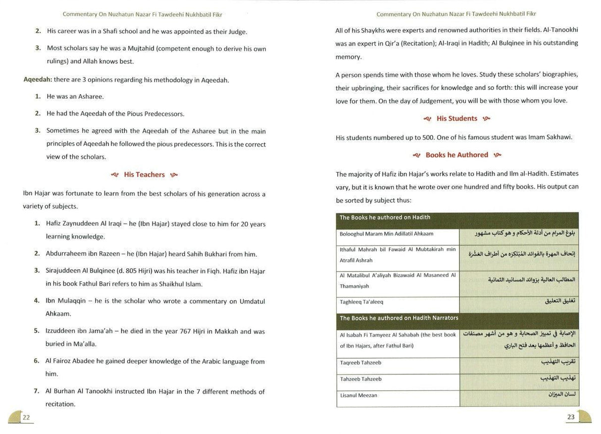 A Commentary On Nuzhatun Nazar Fi Tawdeehi Nukhbatil Fikr (2 volume Set)